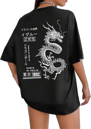 UOUA Women Oversized Graphic T-Shirt Casual Cotton Tees Printed Summer Tops
