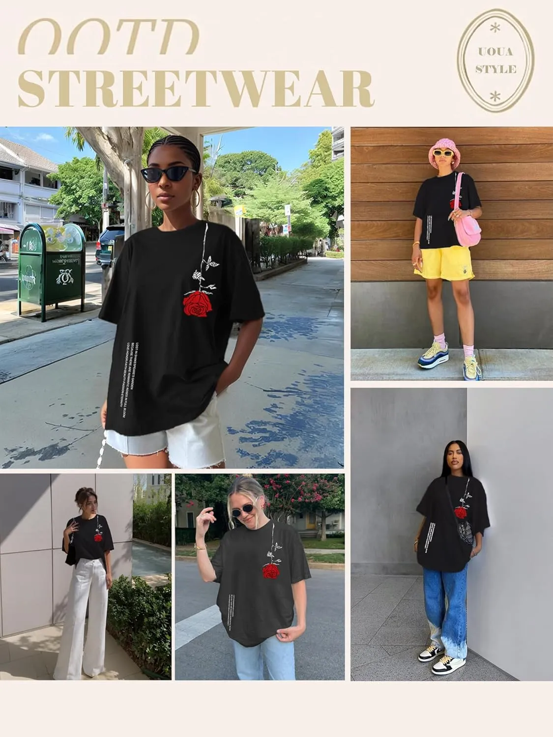 UOUA Women Oversized Graphic T-Shirt Casual Cotton Tees Printed Summer Tops