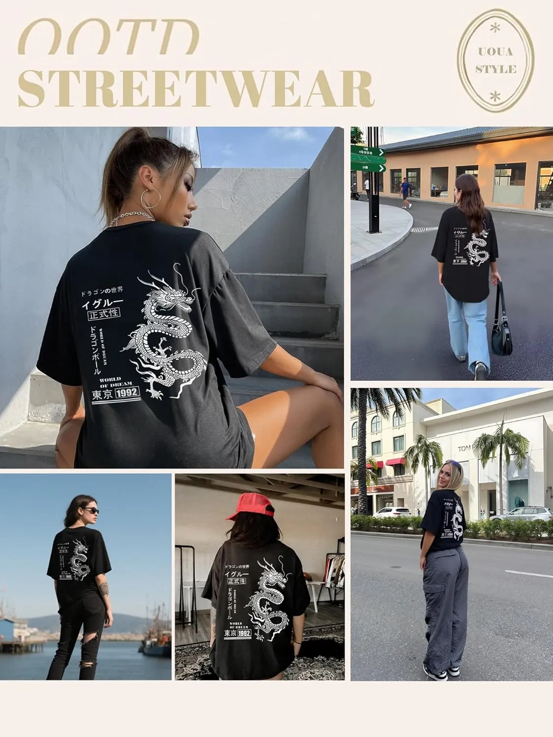 UOUA Women Oversized Graphic T-Shirt Casual Cotton Tees Printed Summer Tops