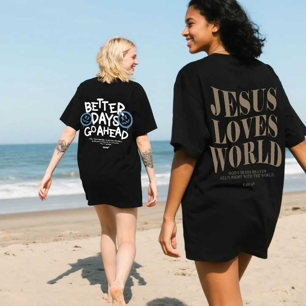 UOUA Women Oversized Graphic T-Shirt Casual Cotton Tees Printed Summer Tops