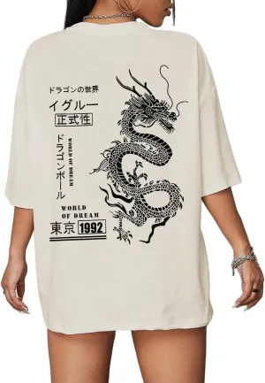 UOUA Women Oversized Graphic T-Shirt Casual Cotton Tees Printed Summer Tops
