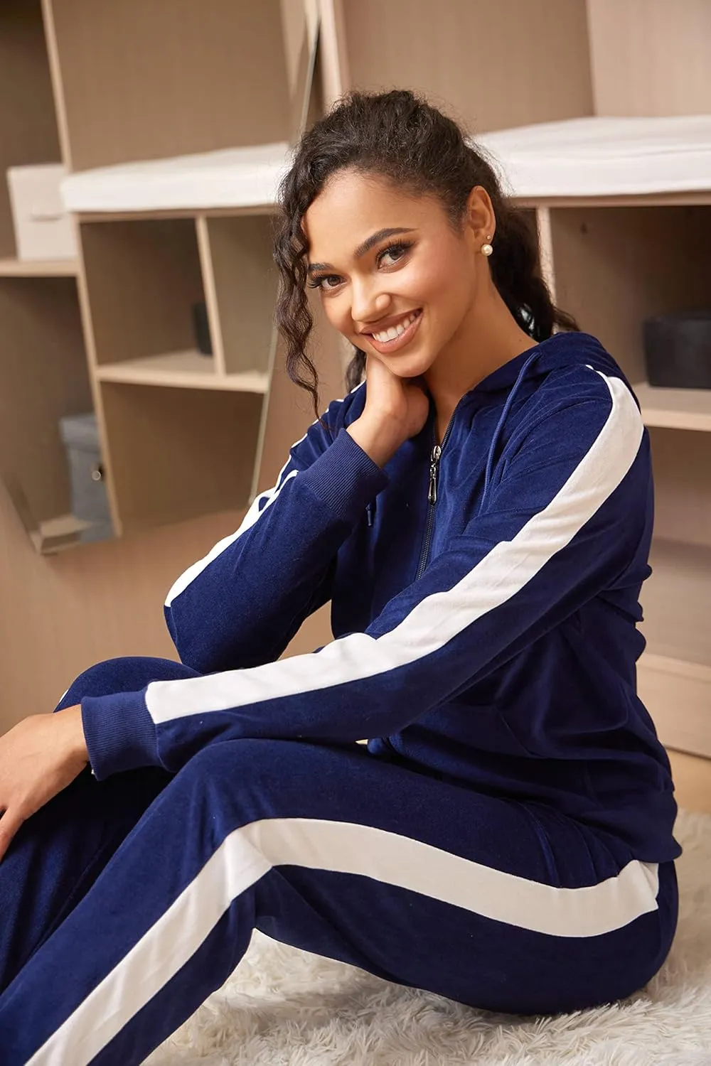 Velour Tracksuit Womens Sweatsuit Set - Athletic Zip Up Hoodies and Sweatpants Outfits with Stripes