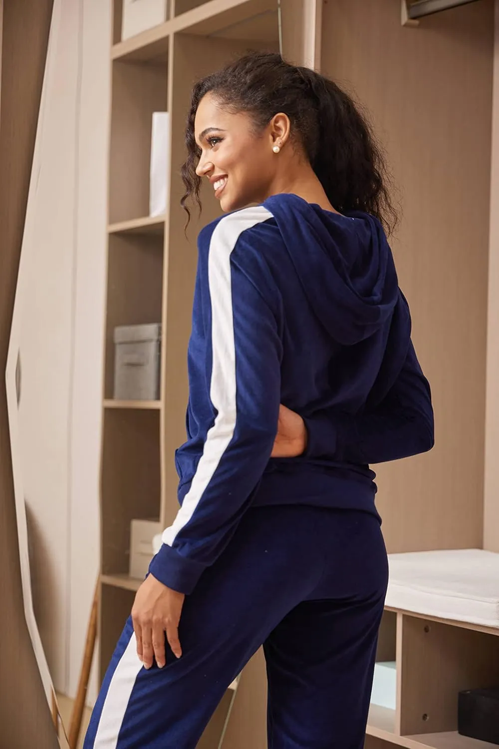 Velour Tracksuit Womens Sweatsuit Set - Athletic Zip Up Hoodies and Sweatpants Outfits with Stripes