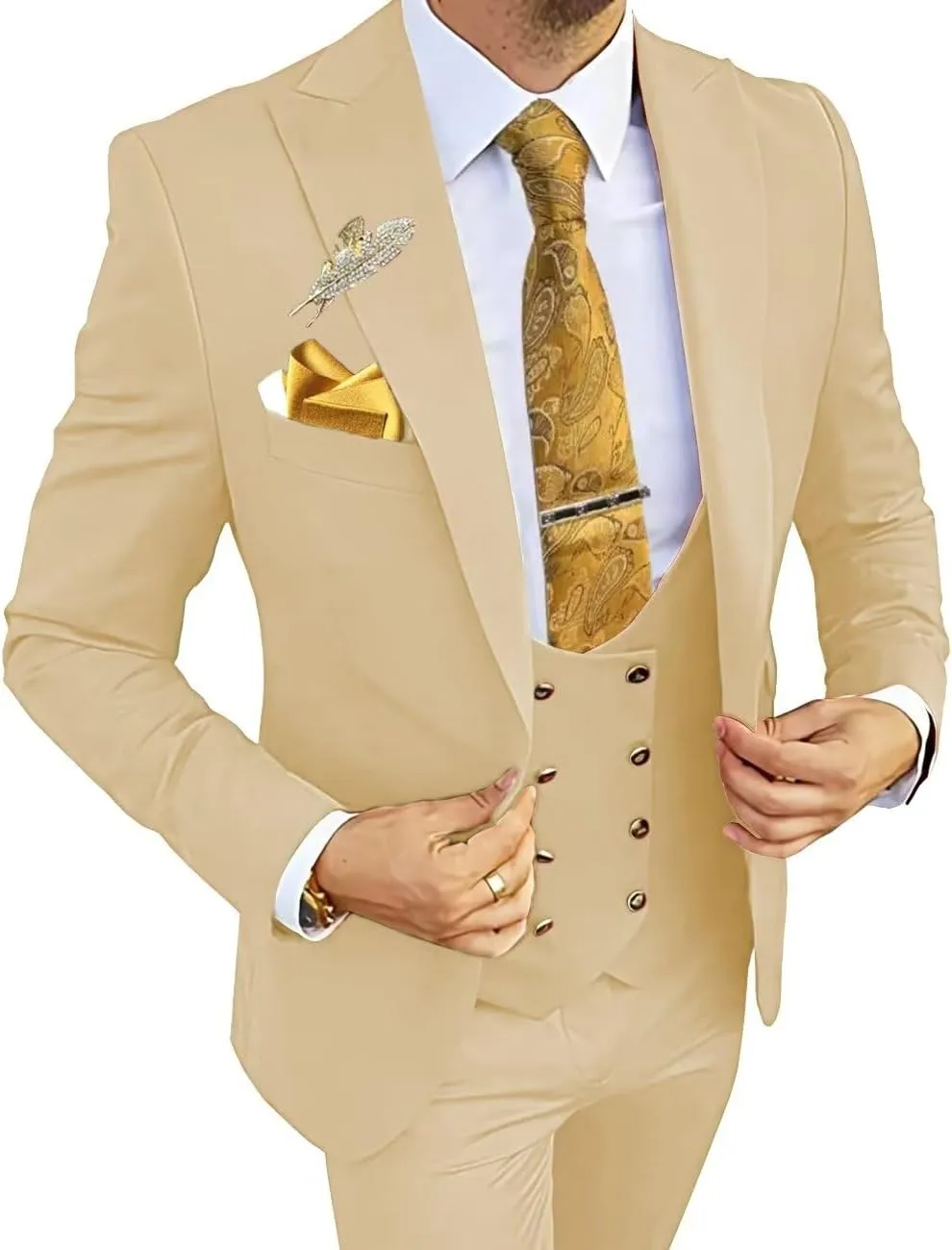Wangyue Men's Suits 3 Piece Slim Fit Suits for Men Double Breasted Suit Men Business Wedding Prom Tuxedo Suit
