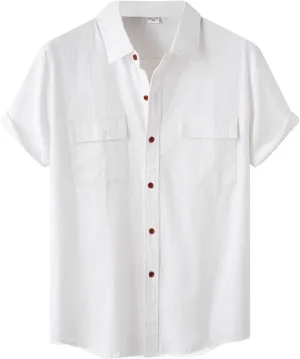 Wankang Mens Casual Button-Down Shirts Short Sleeve Linen Collared Pockets T-Shirts Summer Beach Hawaiian T Shirt for Men