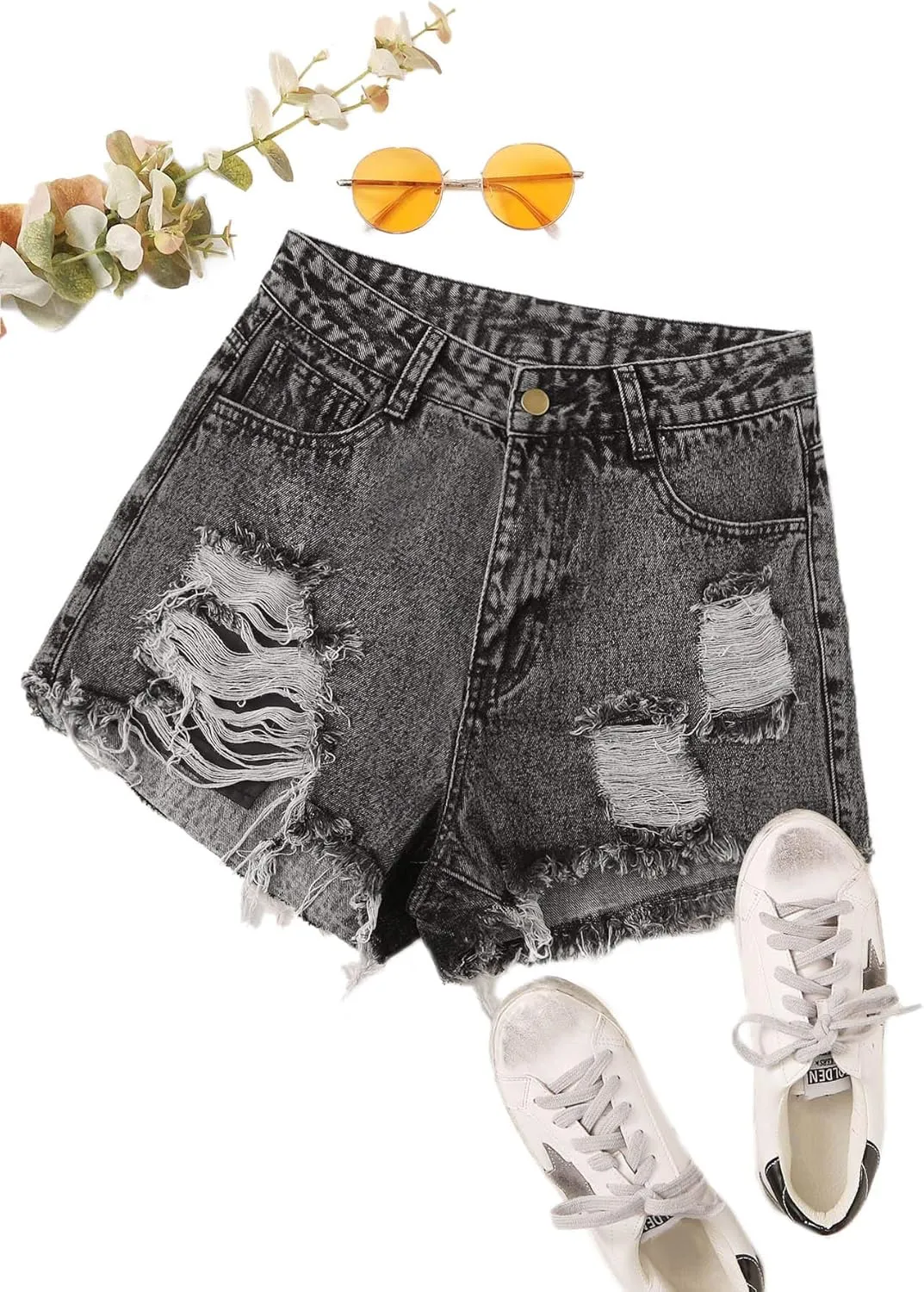 WDIRARA Women's High Waisted Raw Hem Distressed Ripped Casual Denim Shorts