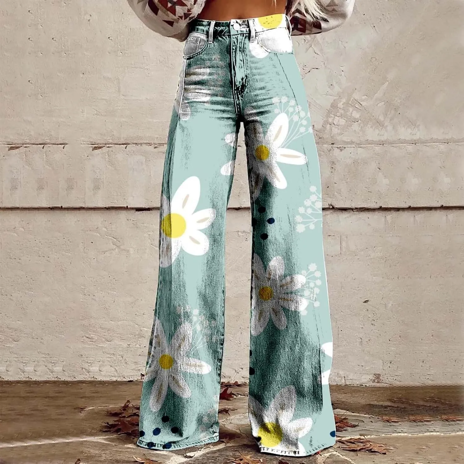 Wide Leg Pants for Women Vintage Printed High Waisted Button Down Loose Comfy Stretch Pants Fashion Vacation Trousers
