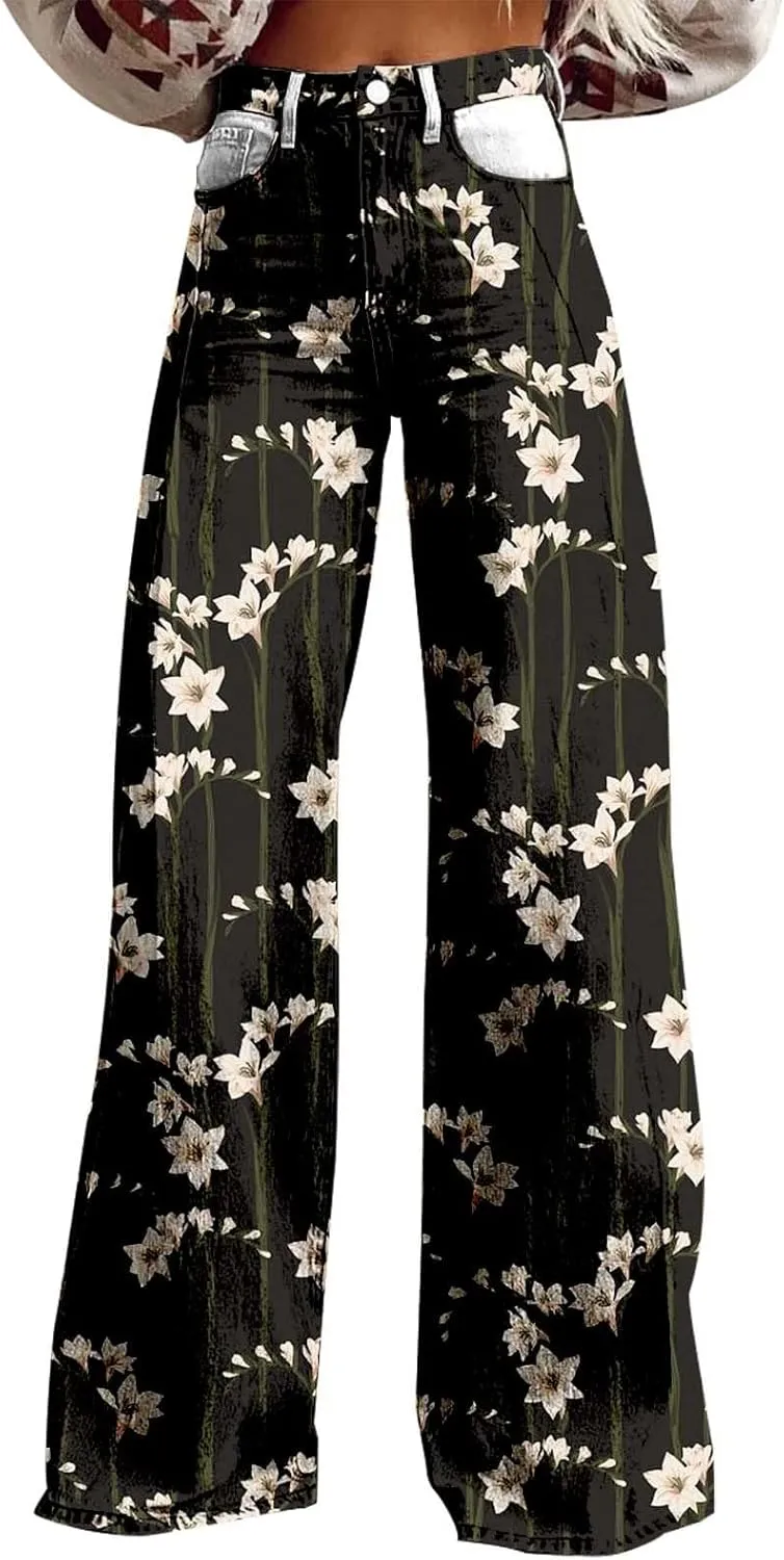 Wide Leg Pants for Women Vintage Printed High Waisted Button Down Loose Comfy Stretch Pants Fashion Vacation Trousers