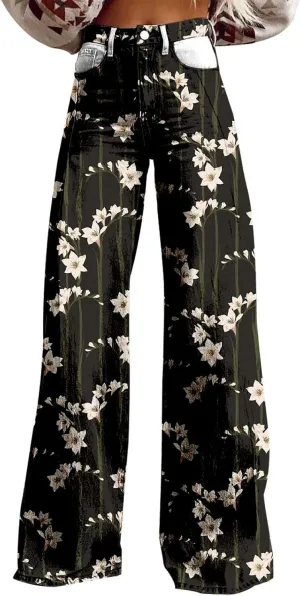 Wide Leg Pants for Women Vintage Printed High Waisted Button Down Loose Comfy Stretch Pants Fashion Vacation Trousers