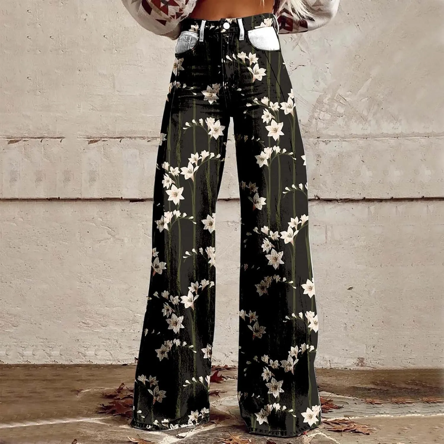Wide Leg Pants for Women Vintage Printed High Waisted Button Down Loose Comfy Stretch Pants Fashion Vacation Trousers