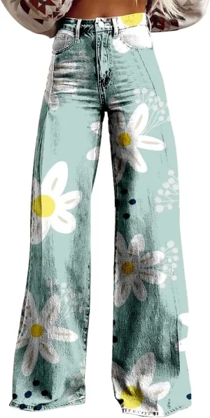 Wide Leg Pants for Women Vintage Printed High Waisted Button Down Loose Comfy Stretch Pants Fashion Vacation Trousers