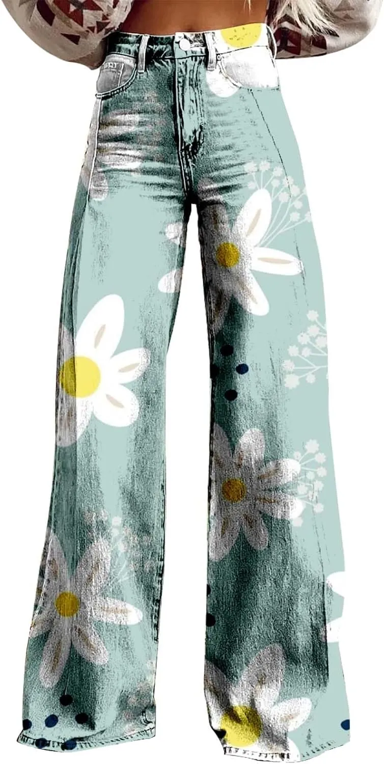 Wide Leg Pants for Women Vintage Printed High Waisted Button Down Loose Comfy Stretch Pants Fashion Vacation Trousers