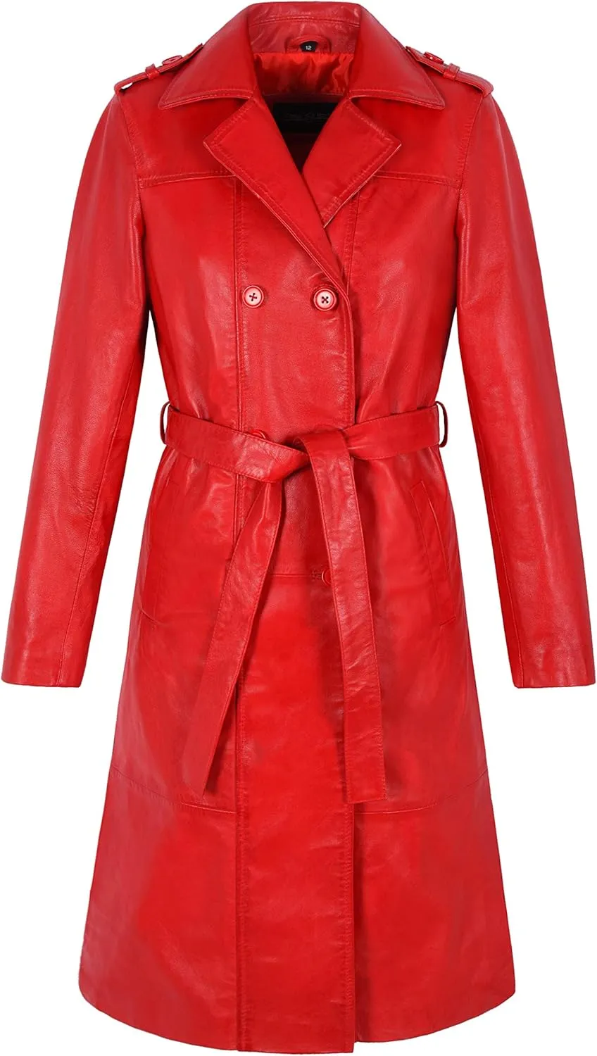 Woman's Elegant Trench Coat Real Lambskin Leather Knee Length 3/4Tie Belt Jacket (numeric_14)
