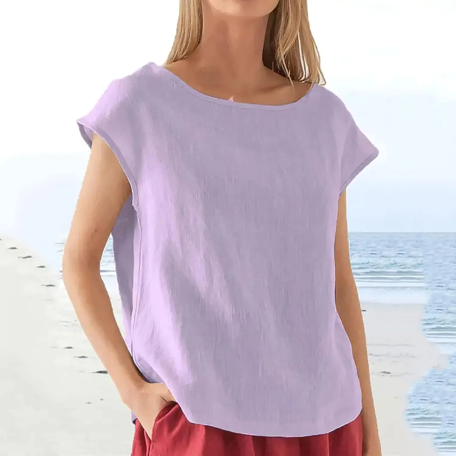 Women Casual T-Shirts 2025 Summer Outdoor Solid Tee Basic Loose Fit Soft Blouse Boat Neck Cotton Linen Comfy Tops