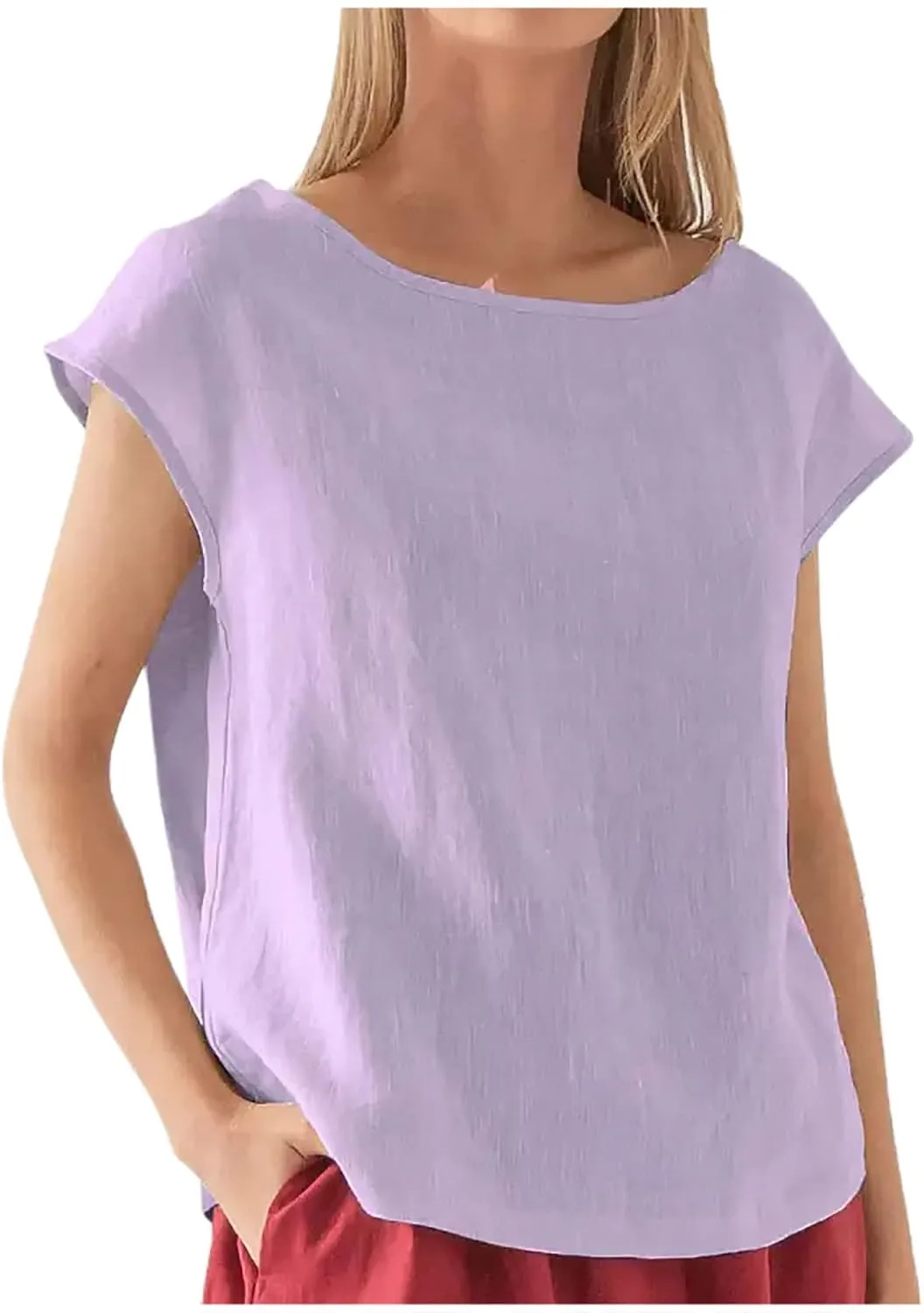Women Casual T-Shirts 2025 Summer Outdoor Solid Tee Basic Loose Fit Soft Blouse Boat Neck Cotton Linen Comfy Tops