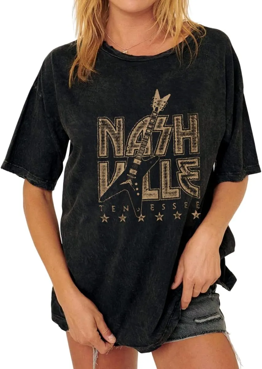 Women Country Music Oversized Shirts Nashville Concert Outfit Bass Graphic Tees Rocker Tops Short Sleeve T-Shirt