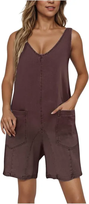 Women Denim Shorts Jumpsuit Gradient Color Short Jeans Pocket Sleeveless Playsuit Cropped Trousers Casual Half Pants