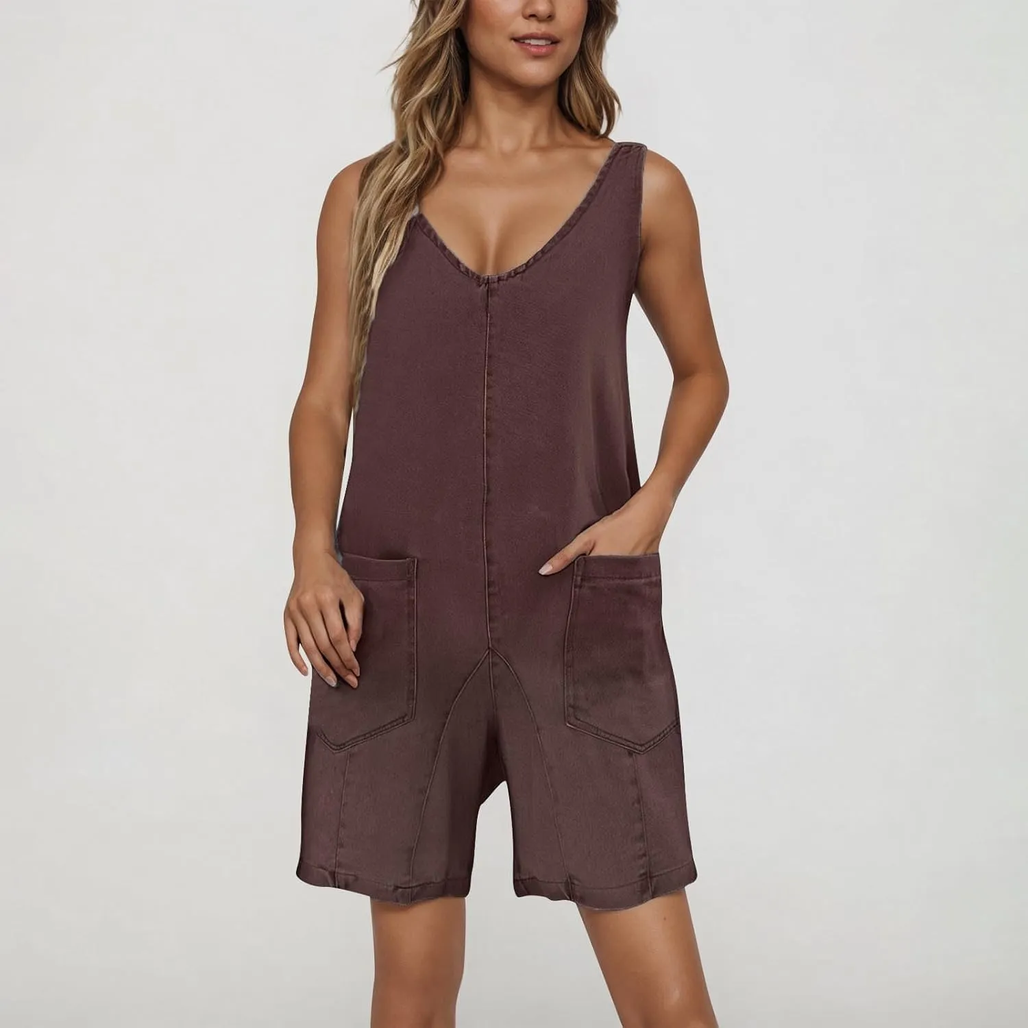 Women Denim Shorts Jumpsuit Gradient Color Short Jeans Pocket Sleeveless Playsuit Cropped Trousers Casual Half Pants