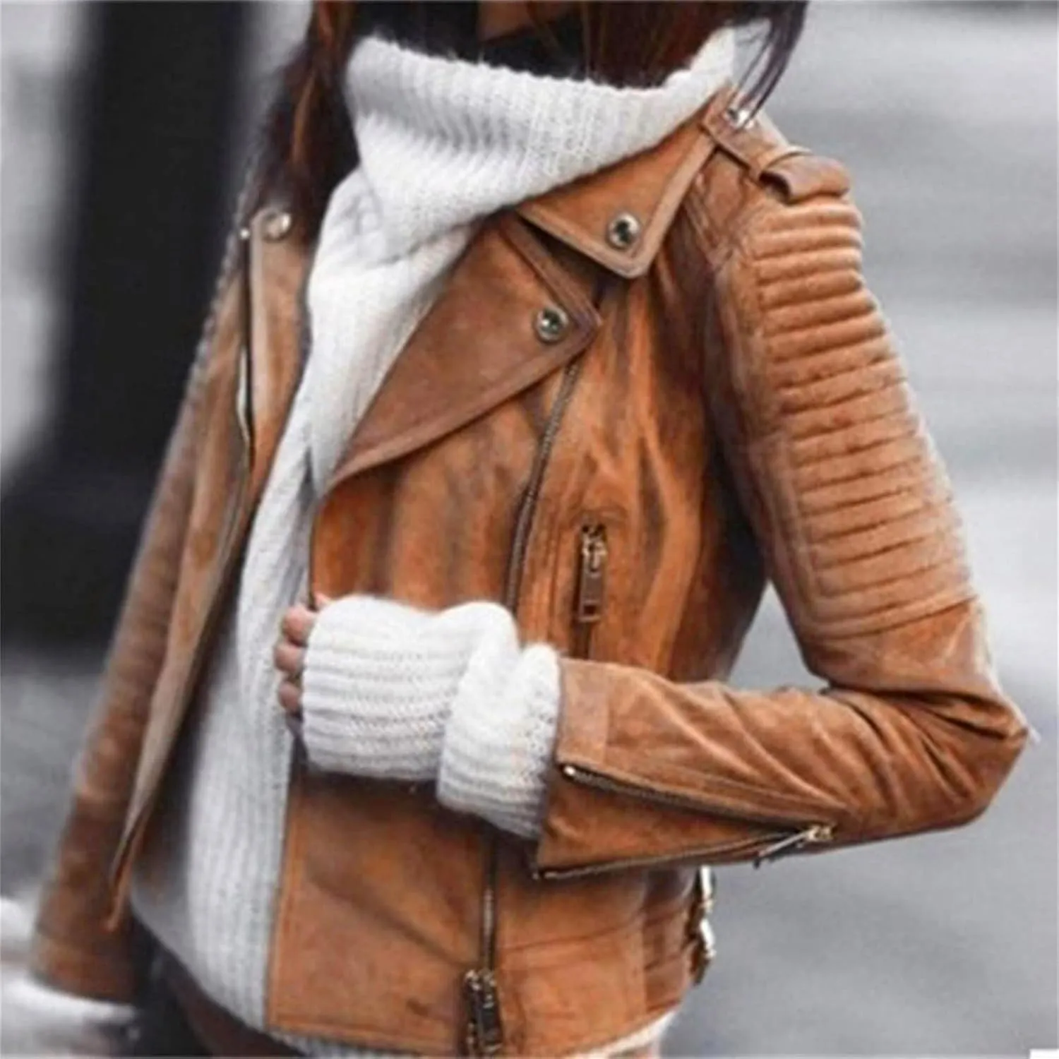 Women Faux Leather Casual Jackets Zip Pockets Cropped Pleather Jacket Plus Size Slim Lapel Punk Motorcycle Bike Coat