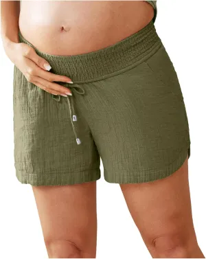 Women Layered Pleats Maternity Shorts Underbelly Drawstring Elastic Waist with Pockets Comfy Casual Beach Shorts