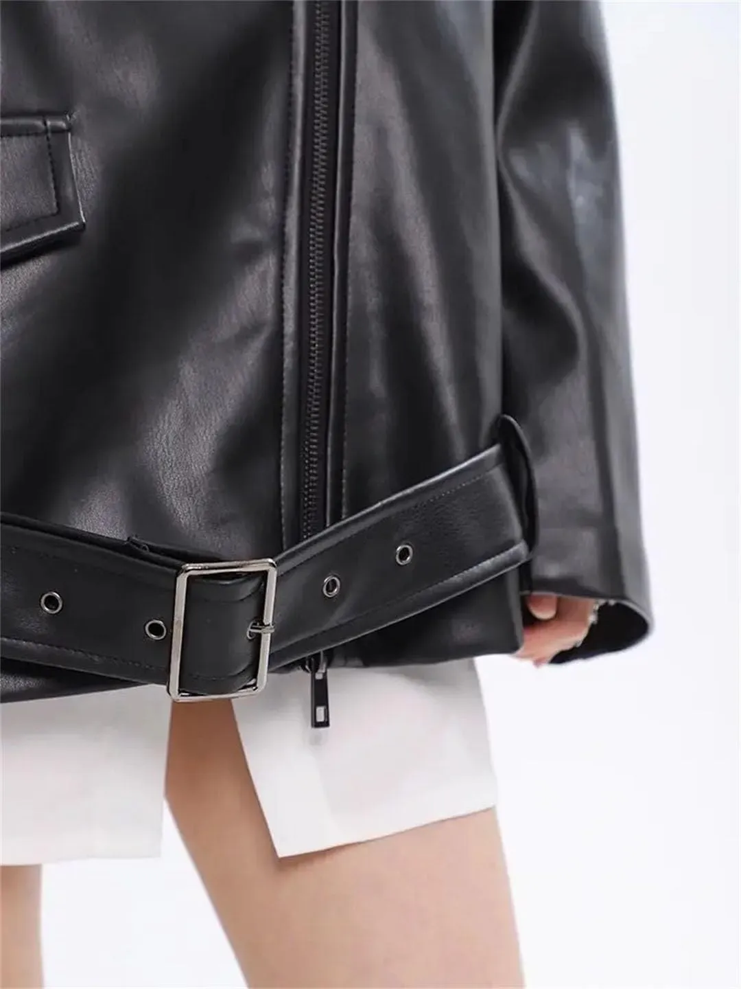 Women Leather Coat Retro Short Loose Motorcycle Jacket