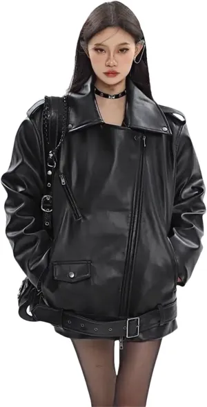 Women Leather Coat Retro Short Loose Motorcycle Jacket
