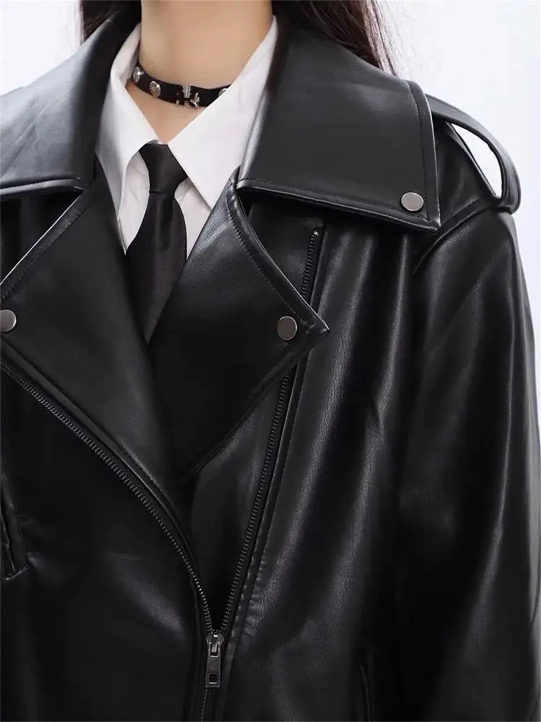 Women Leather Coat Retro Short Loose Motorcycle Jacket