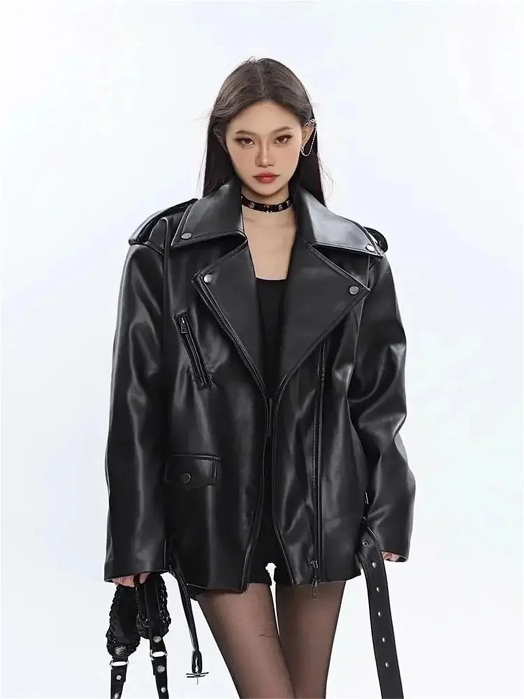 Women Leather Coat Retro Short Loose Motorcycle Jacket