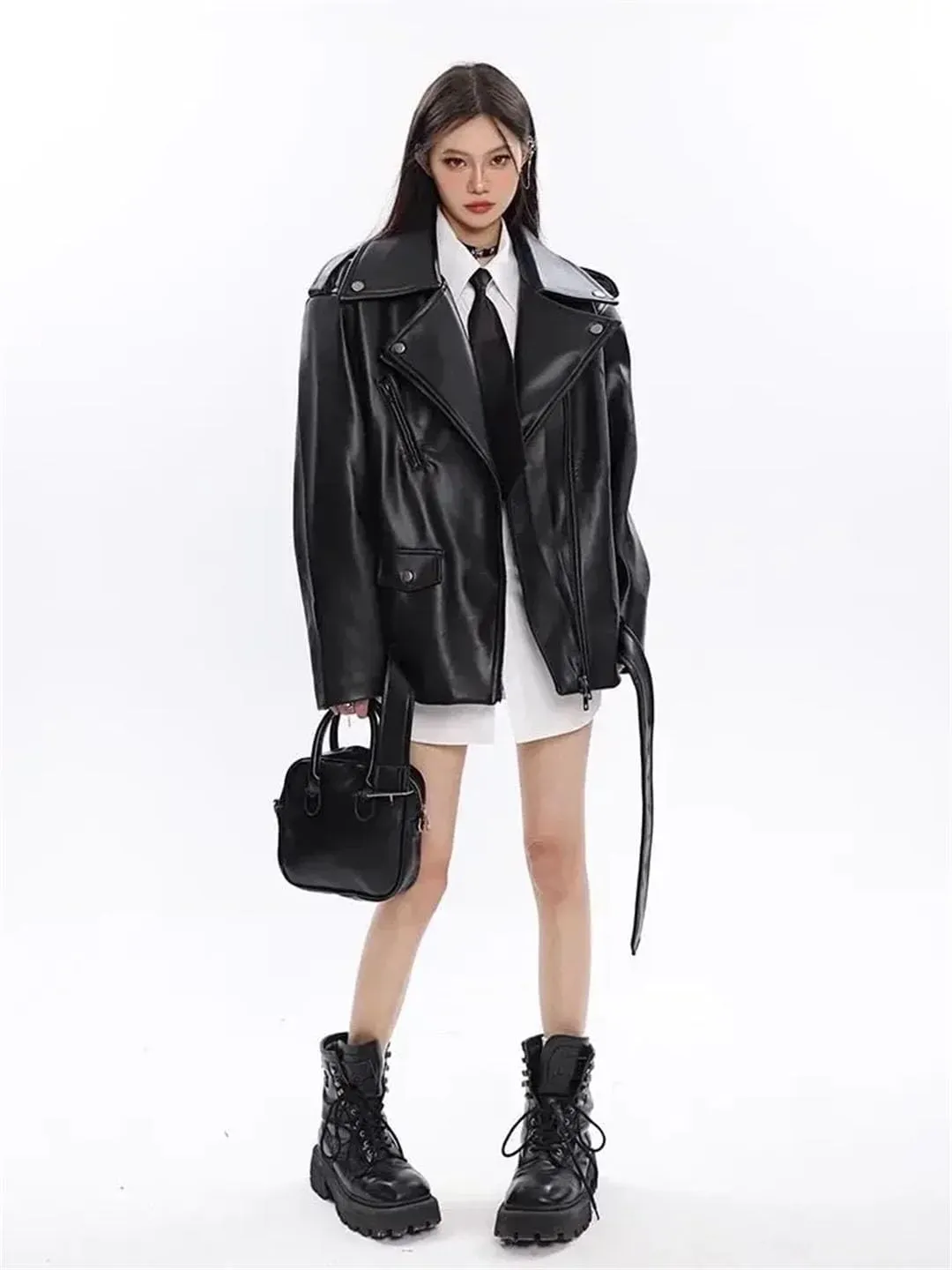 Women Leather Coat Retro Short Loose Motorcycle Jacket