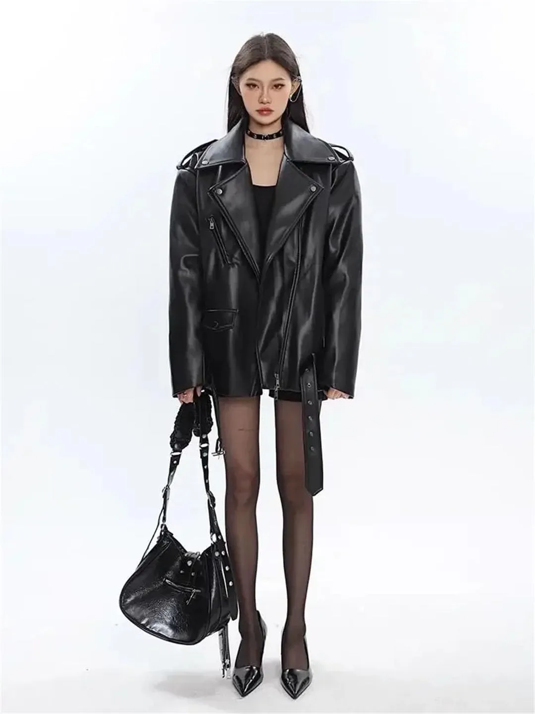 Women Leather Coat Retro Short Loose Motorcycle Jacket