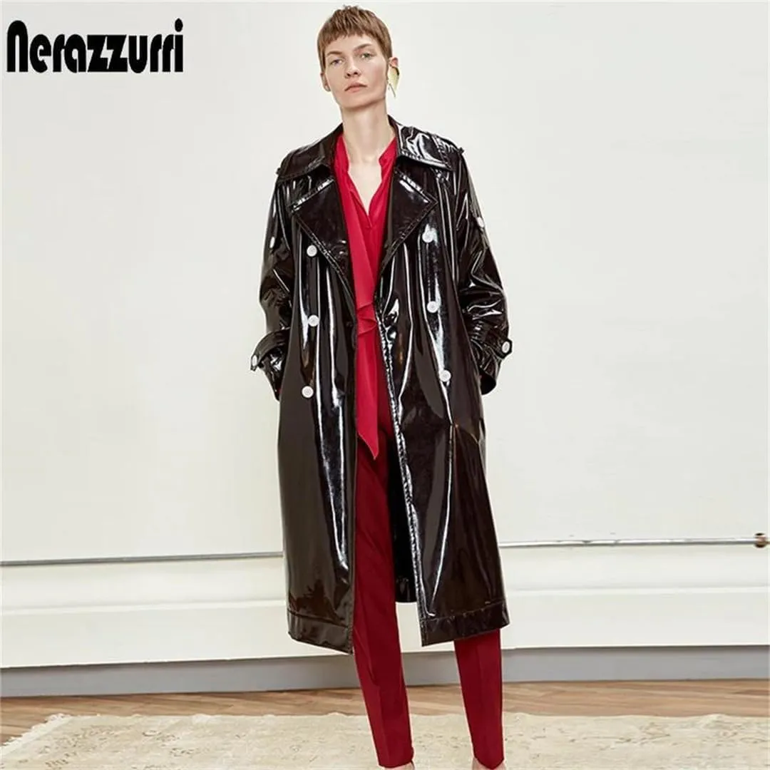 Women Long Waterproof Black Patent Leather Trench Double Breasted Iridescent Oversized Leather Coat
