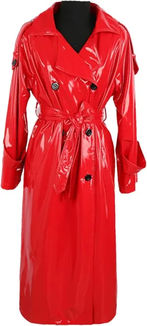 Women Long Waterproof Black Patent Leather Trench Double Breasted Iridescent Oversized Leather Coat