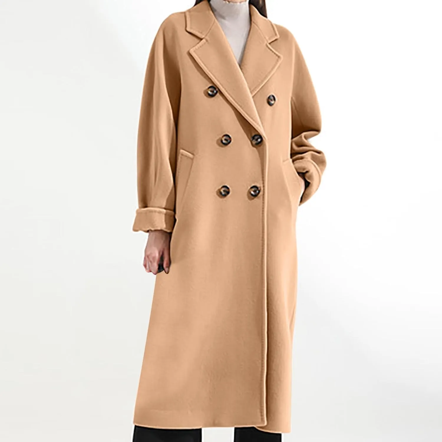 Women Long Wool Blend Pea Coat Winter Casual Overcoat Notched Lapel Collar Trench Coats Belted Pockets Jacket Outwear