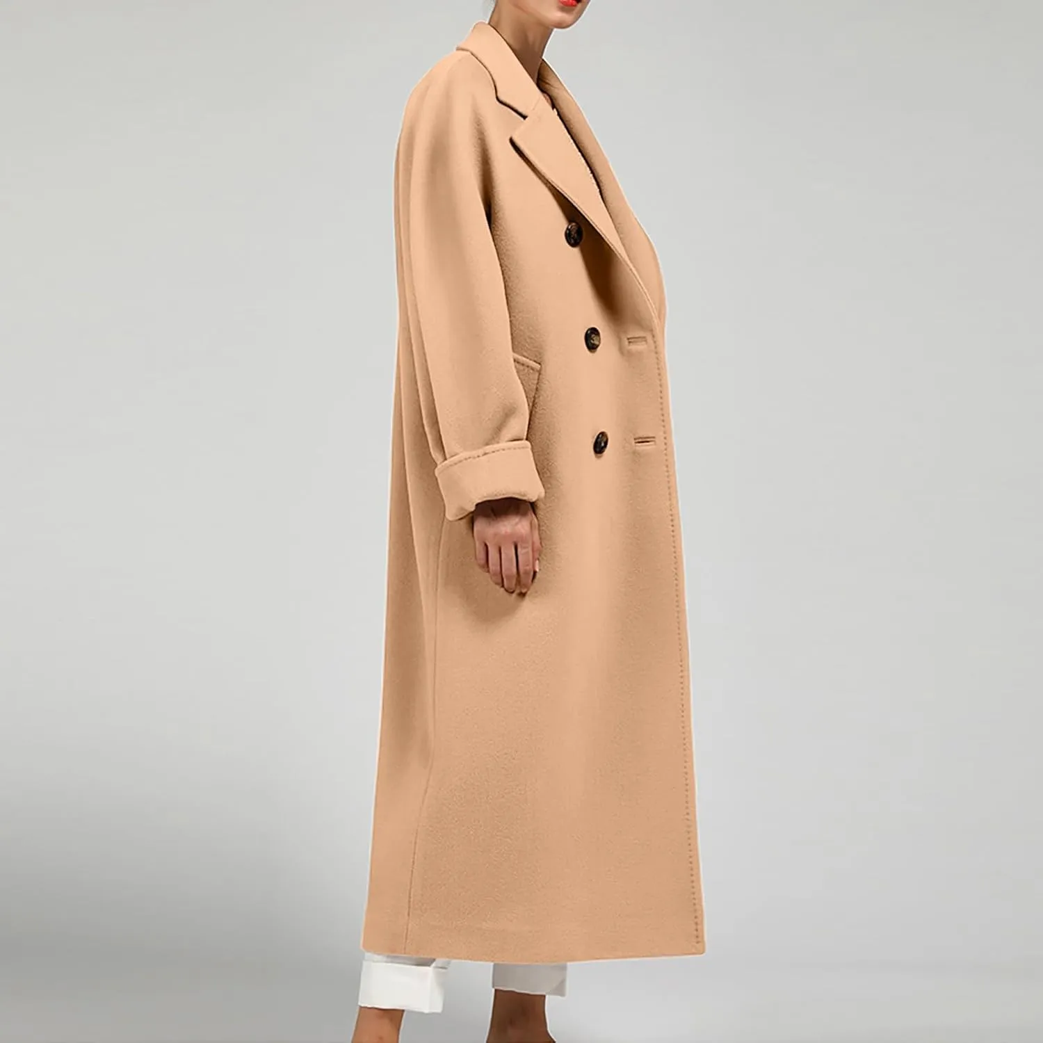 Women Long Wool Blend Pea Coat Winter Casual Overcoat Notched Lapel Collar Trench Coats Belted Pockets Jacket Outwear