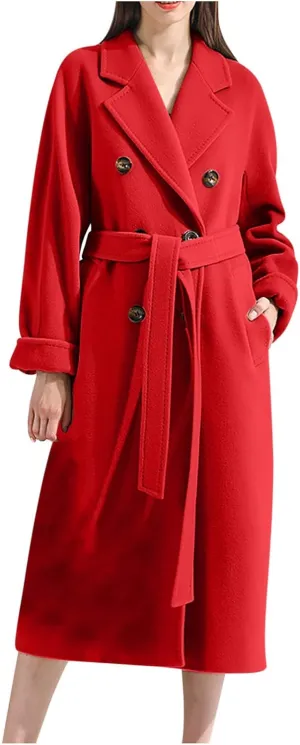 Women Long Wool Blend Pea Coat Winter Casual Overcoat Notched Lapel Collar Trench Coats Belted Pockets Jacket Outwear