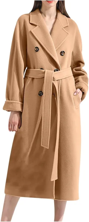 Women Long Wool Blend Pea Coat Winter Casual Overcoat Notched Lapel Collar Trench Coats Belted Pockets Jacket Outwear