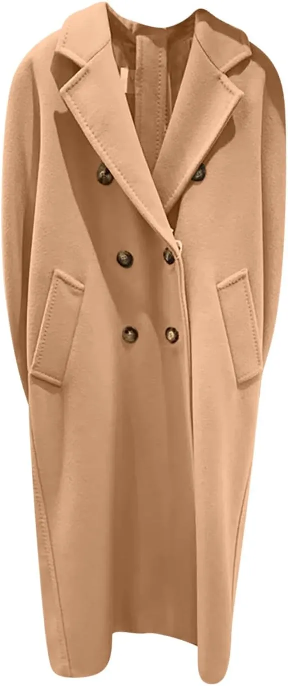 Women Long Wool Blend Pea Coat Winter Casual Overcoat Notched Lapel Collar Trench Coats Belted Pockets Jacket Outwear