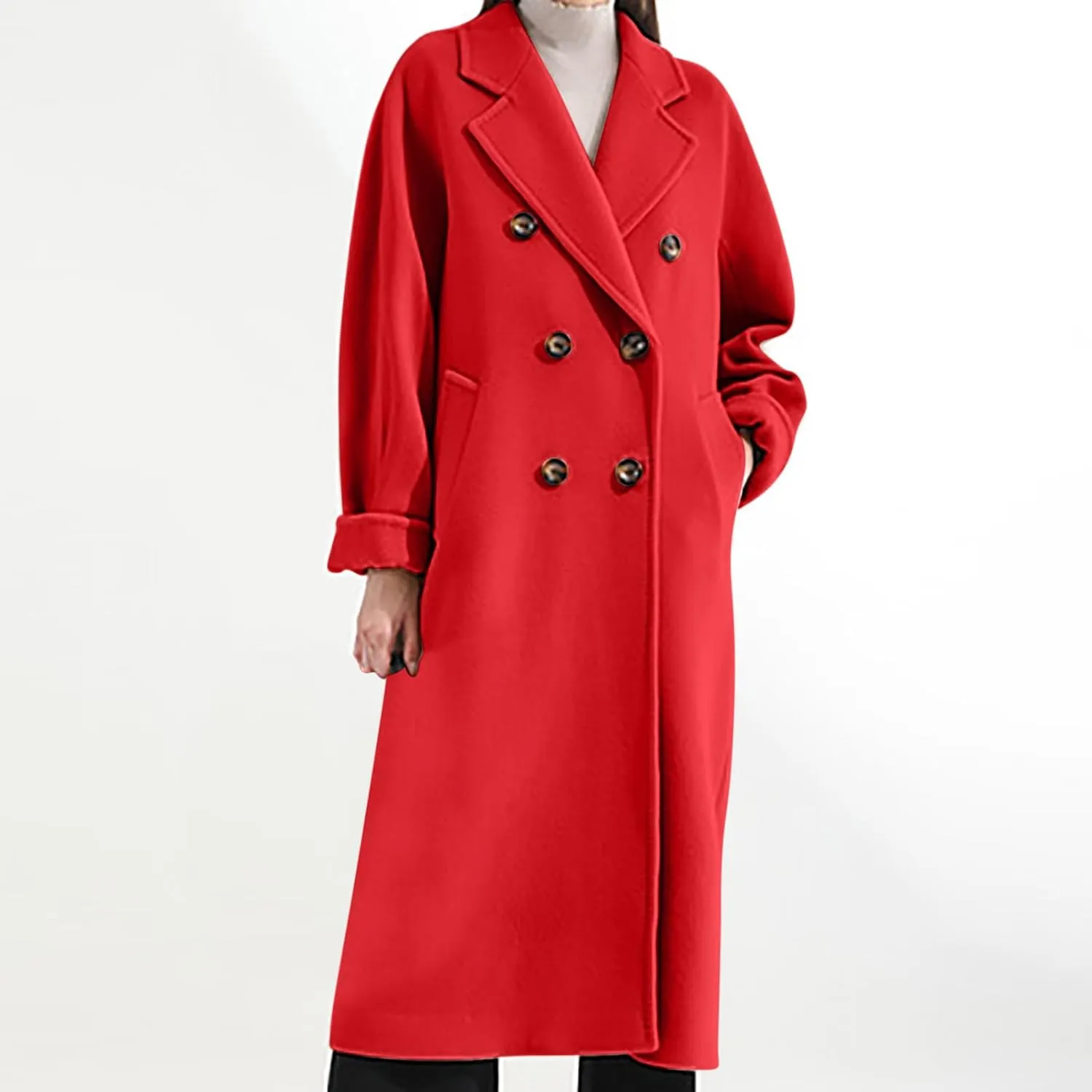 Women Long Wool Blend Pea Coat Winter Casual Overcoat Notched Lapel Collar Trench Coats Belted Pockets Jacket Outwear