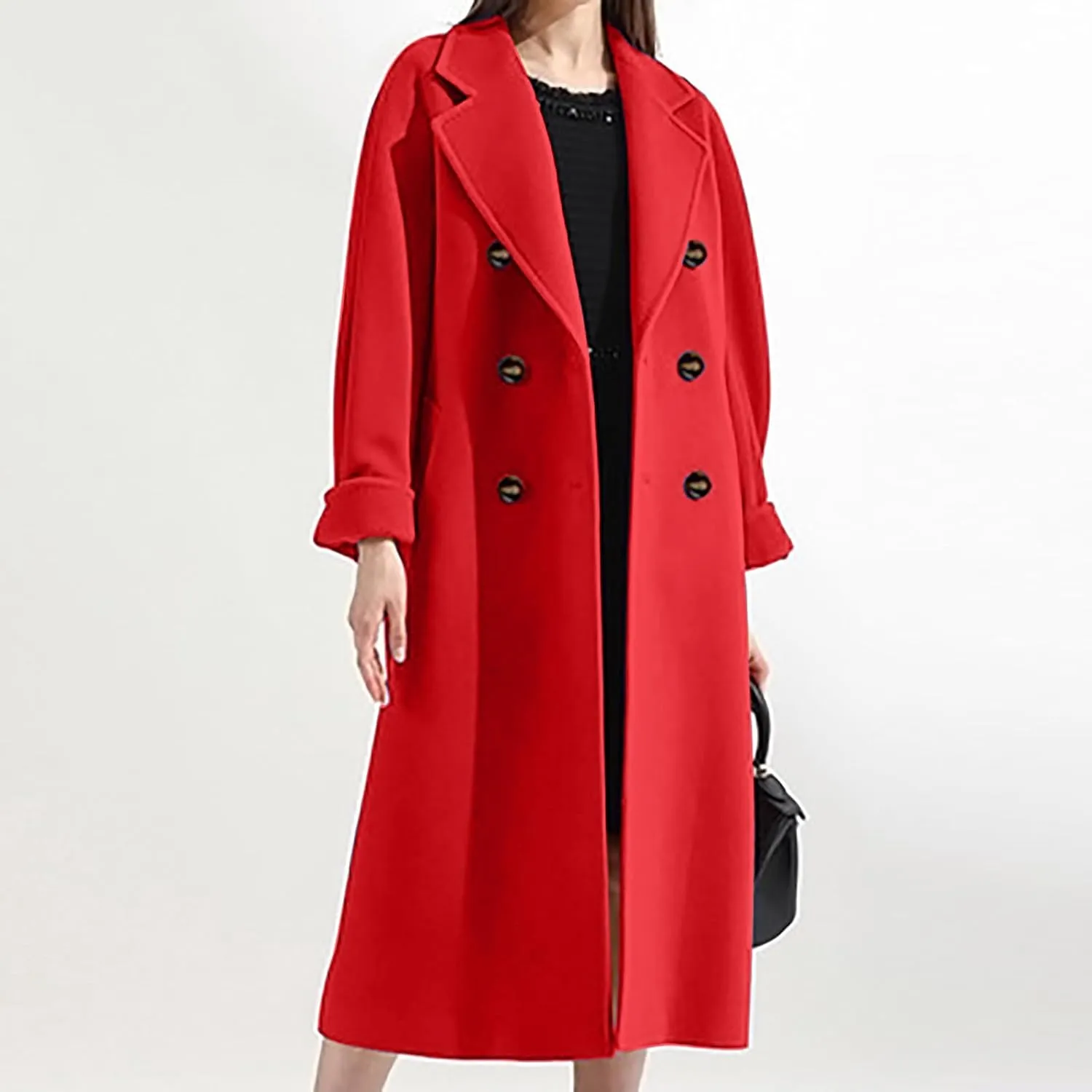Women Long Wool Blend Pea Coat Winter Casual Overcoat Notched Lapel Collar Trench Coats Belted Pockets Jacket Outwear
