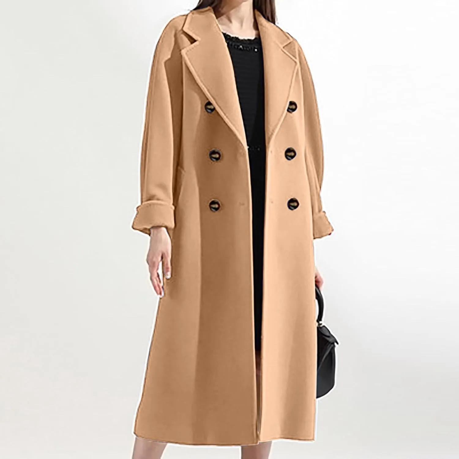Women Long Wool Blend Pea Coat Winter Casual Overcoat Notched Lapel Collar Trench Coats Belted Pockets Jacket Outwear