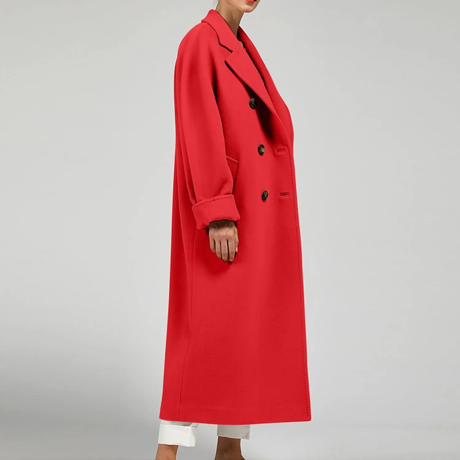 Women Long Wool Blend Pea Coat Winter Casual Overcoat Notched Lapel Collar Trench Coats Belted Pockets Jacket Outwear
