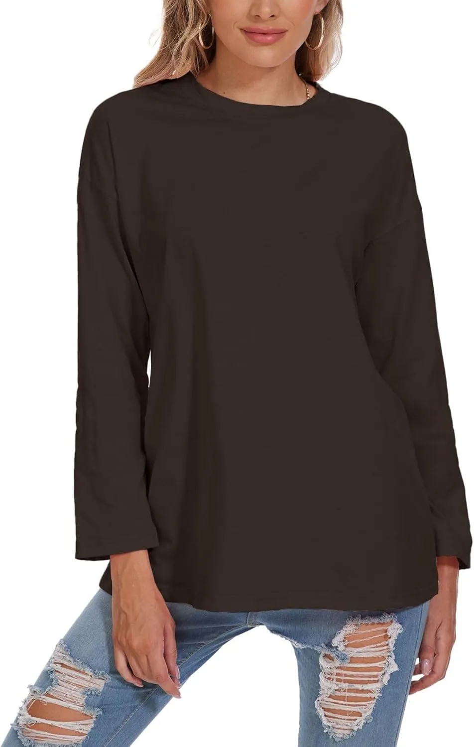 Women Oversized Crew Neck T-Shirts Loose Long Sleeve Tunic Top 2024 Comfy Cozy Cotton Lounge Tees
