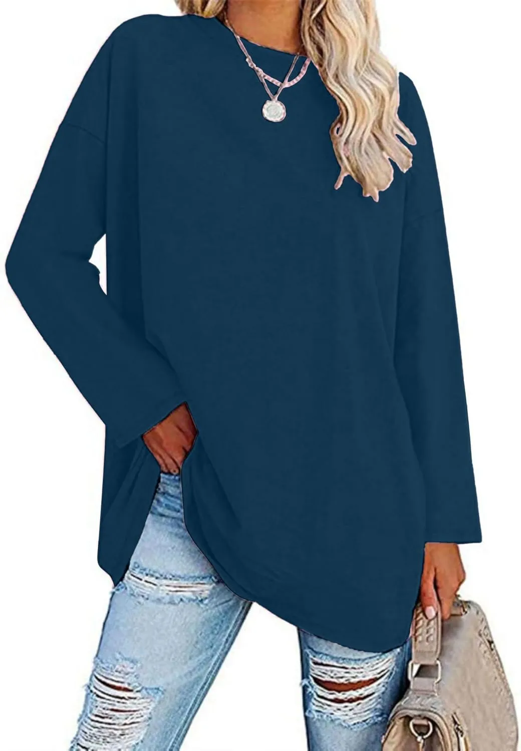 Women Oversized Crew Neck T-Shirts Loose Long Sleeve Tunic Top 2024 Comfy Cozy Cotton Lounge Tees