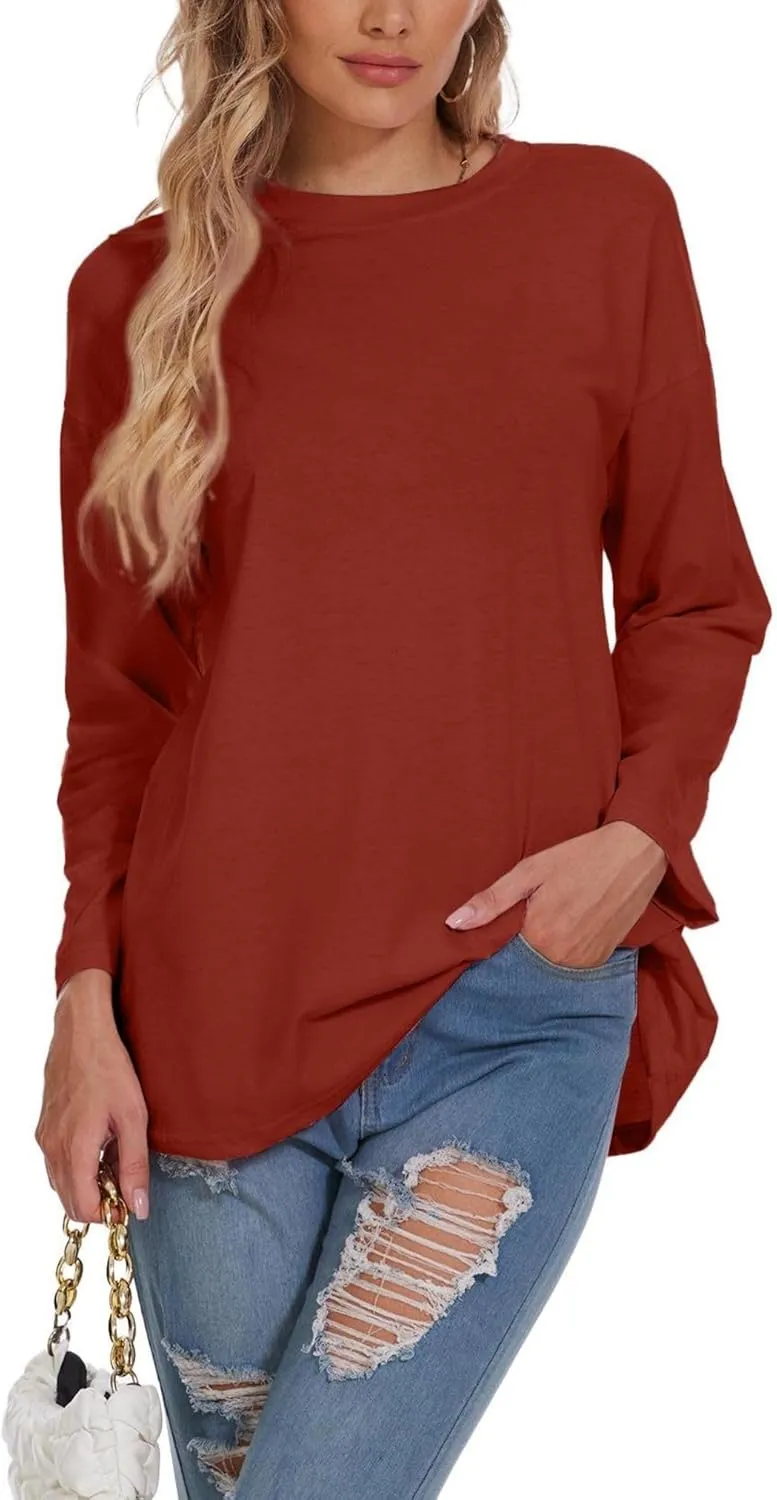 Women Oversized Crew Neck T-Shirts Loose Long Sleeve Tunic Top 2024 Comfy Cozy Cotton Lounge Tees