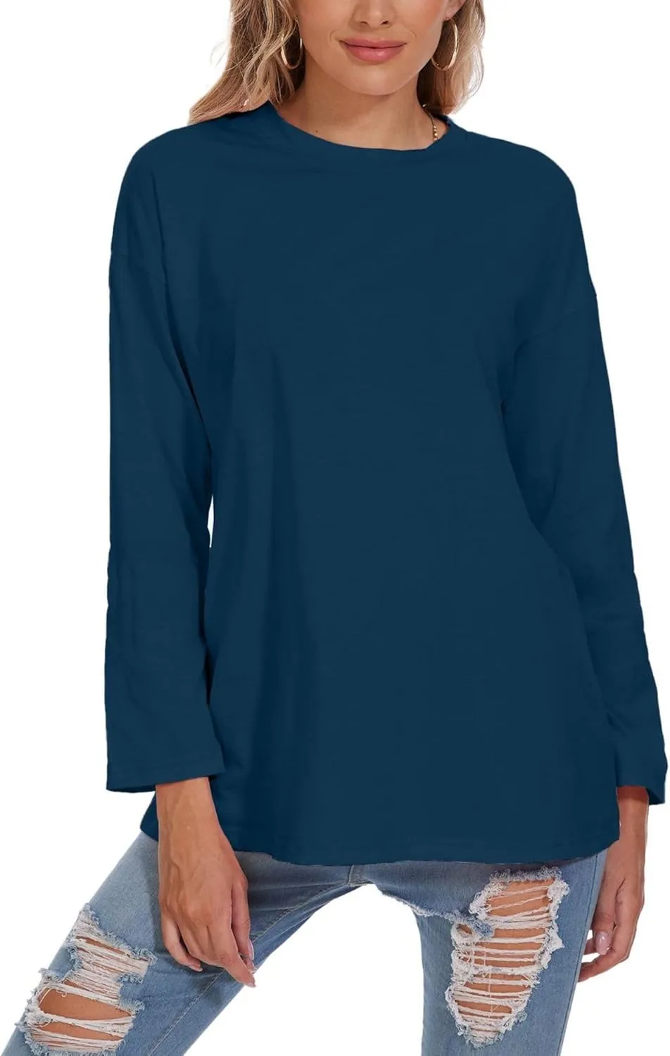 Women Oversized Crew Neck T-Shirts Loose Long Sleeve Tunic Top 2024 Comfy Cozy Cotton Lounge Tees