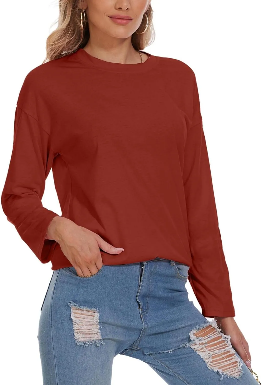 Women Oversized Crew Neck T-Shirts Loose Long Sleeve Tunic Top 2024 Comfy Cozy Cotton Lounge Tees