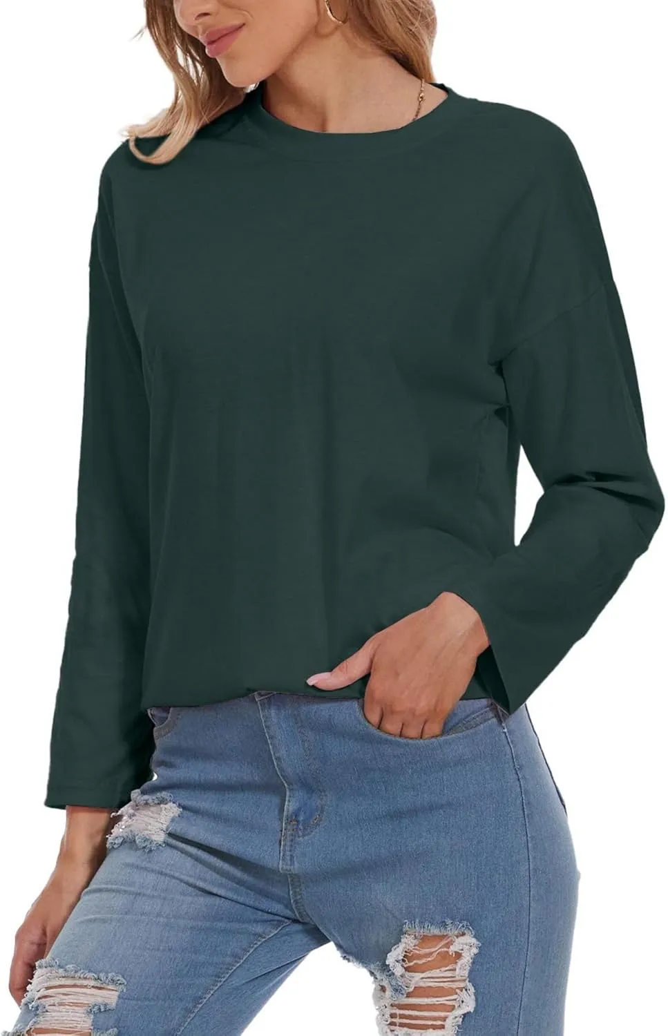 Women Oversized Crew Neck T-Shirts Loose Long Sleeve Tunic Top 2024 Comfy Cozy Cotton Lounge Tees