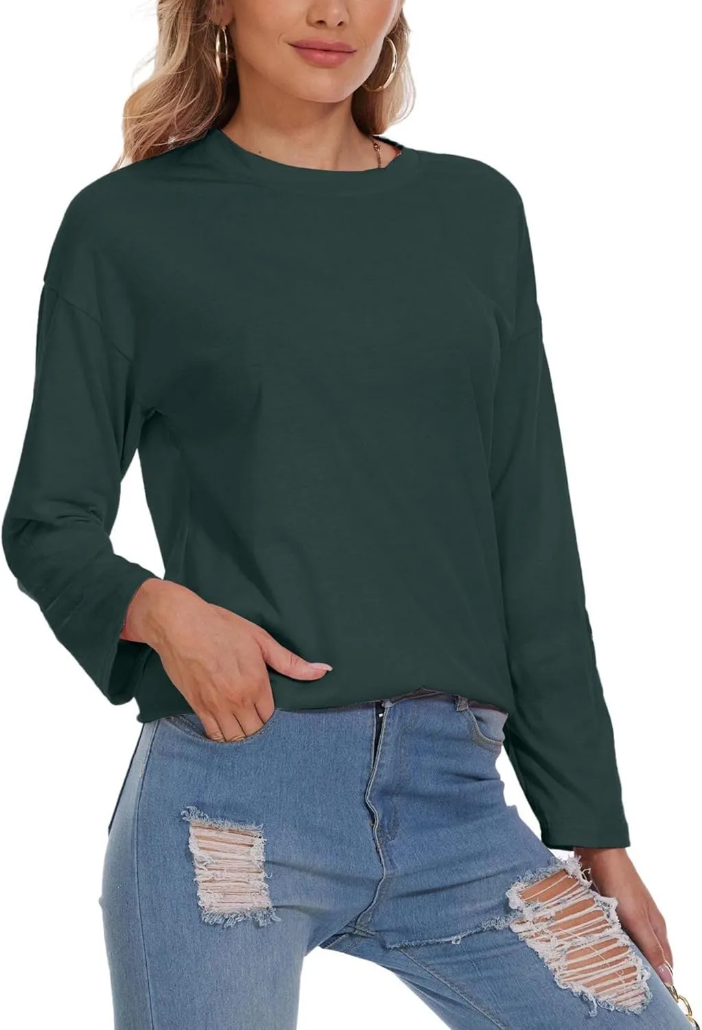 Women Oversized Crew Neck T-Shirts Loose Long Sleeve Tunic Top 2024 Comfy Cozy Cotton Lounge Tees