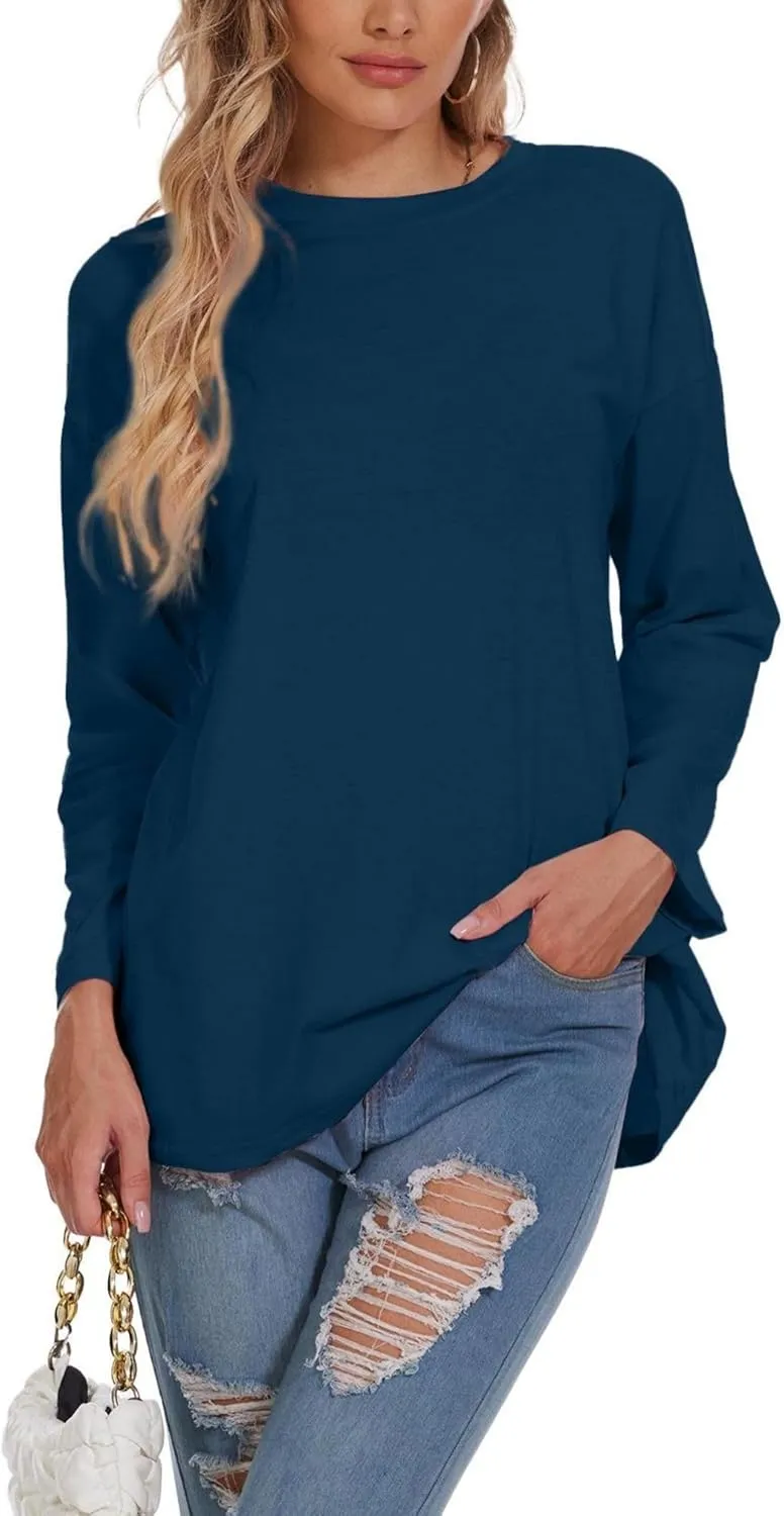 Women Oversized Crew Neck T-Shirts Loose Long Sleeve Tunic Top 2024 Comfy Cozy Cotton Lounge Tees