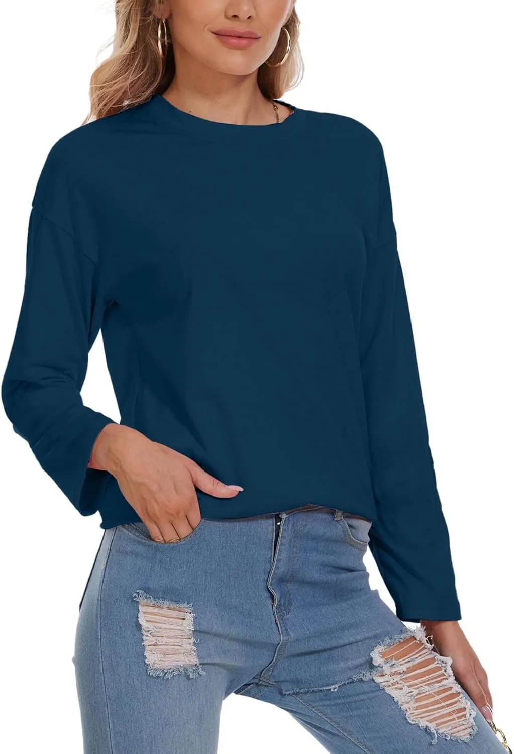 Women Oversized Crew Neck T-Shirts Loose Long Sleeve Tunic Top 2024 Comfy Cozy Cotton Lounge Tees